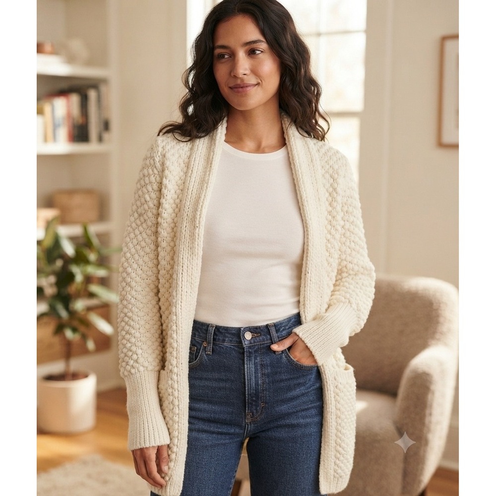Allison Joy Cream Popcorn Knit Open Front Cardigan Sweater Ivory Small 3037